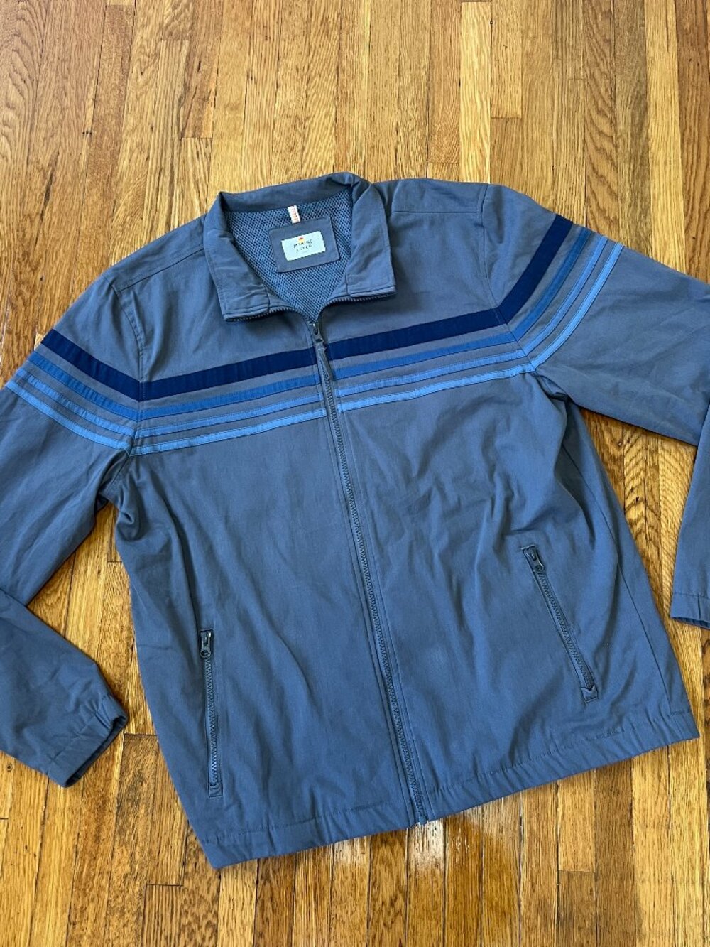 Marine Layer Freeman Stretch Twill Grey/Blue Striped Windbreaker - Men's Large